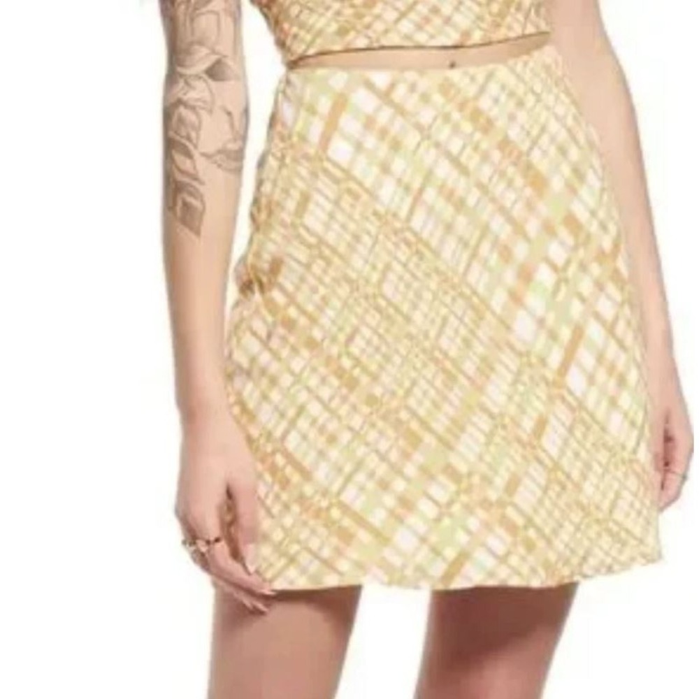 BP. Women's A-Line Plaid Lined Side‎ Zip Mini Skirt in Ivory/Tan/Green Medium